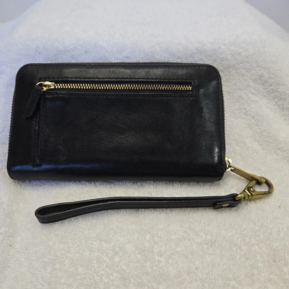 Fossil Leather RFID  Wallet Emma Zip-Round Phone Case Black Cowhide Leather Soft